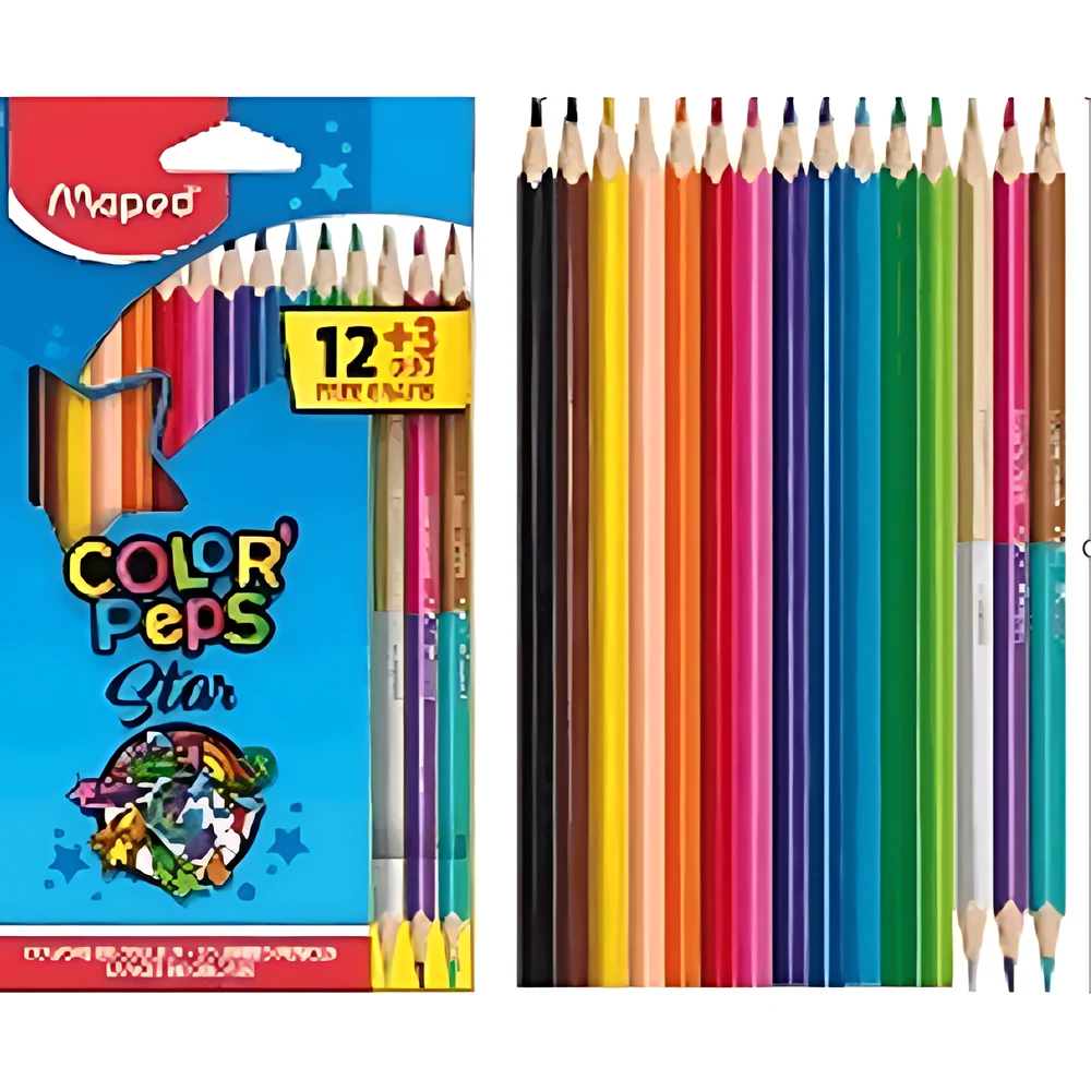 צבעי עפרון 3+12 דו צדדי 18 גוונים כולל כסף וזהב STAR MAPED
