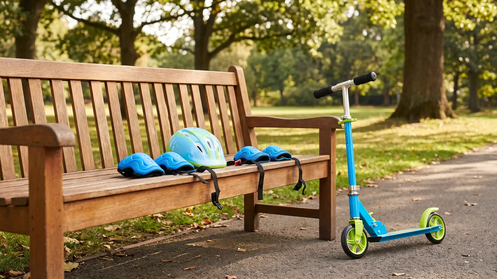 קסדה ומגני ברכיים ומרפקים על ספסל ליד קורקינט