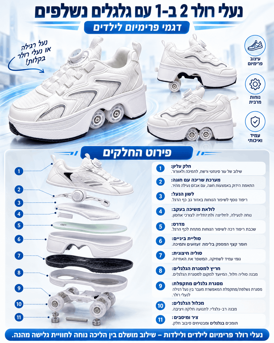 תרשים פירוק של נעלי רולר 2 ב-1 ל-11 חלקים, כולל מסגרת גלגלים מתקפלת, ציר ומיסבים