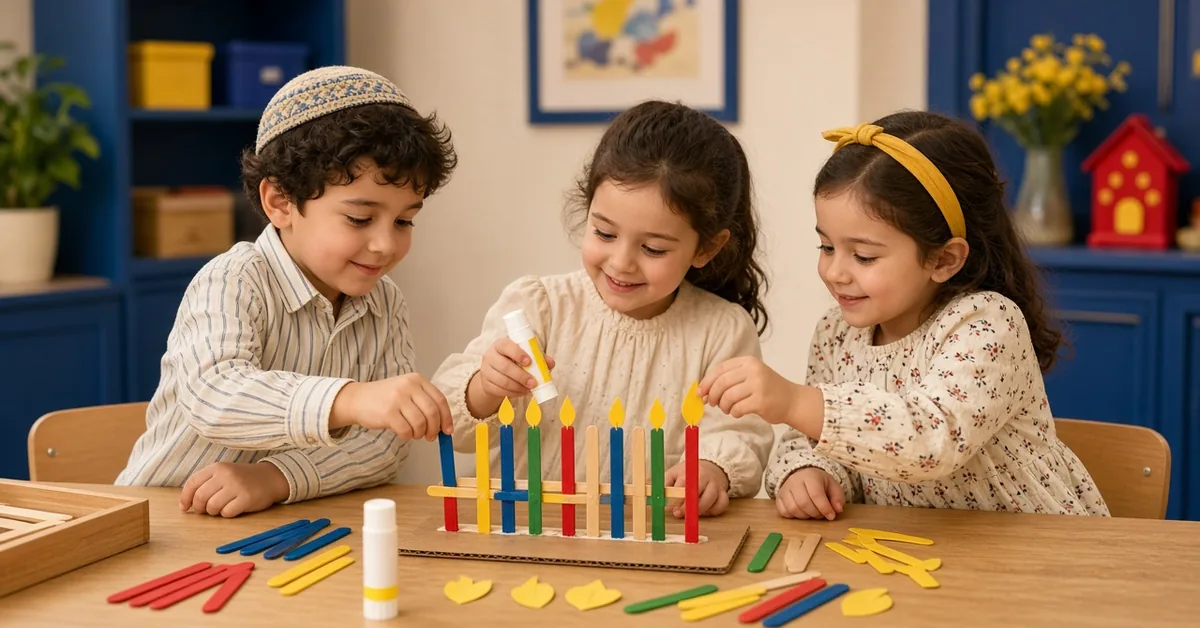 יצירה לחנוכה לגן – ילדים מכינים חנוכיה ממקלות ארטיק סביב שולחן