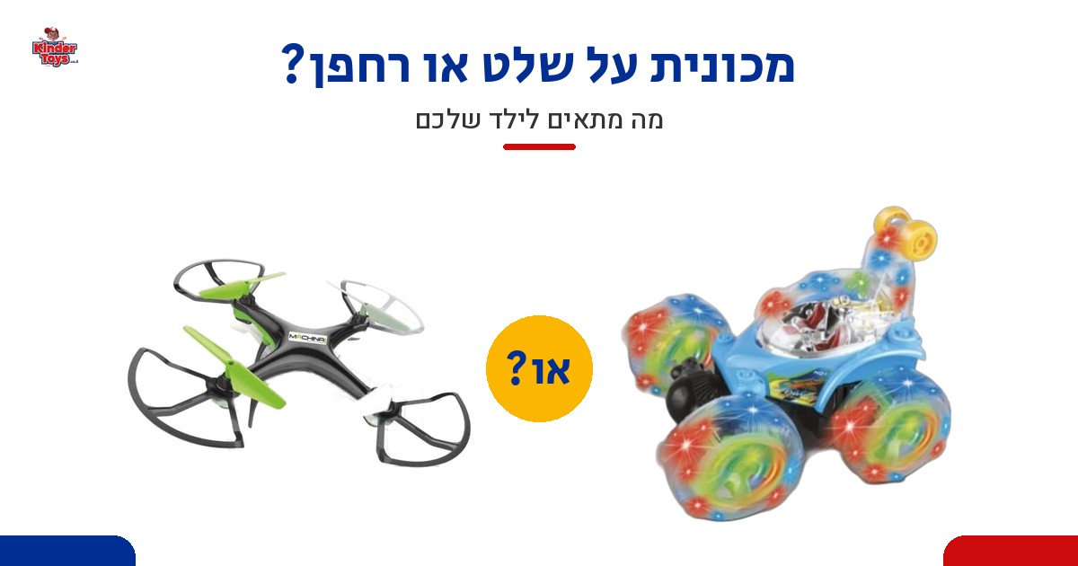 באנר בלוג של קינדר טויס: הכותרת «מכונית על שלט או רחפן?» ומתחתיה «מה מתאים לילד שלכם». מימין מכונית פעלולים על שלט Loti Stunt Car בצבע כחול עם גלגלים מוארים, משמאל רחפן FIRST DRONE של MACHINA בשחור וירוק, וביניהם עיגול צהוב עם המילה «או?».