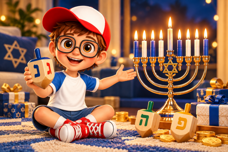 ילד מחזיק סביבון ליד חנוכייה דולקת – טריוויה על חנוכה